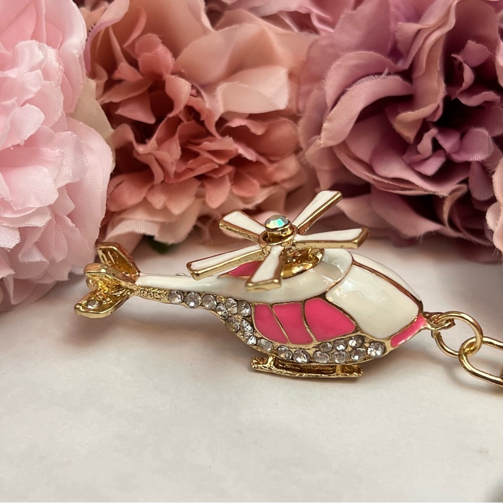 Whimsical Pink and White Crystal Helicopter Keychain Charm - Picture 10 of 16